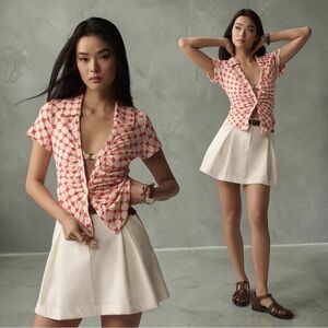Anthropologie Maeve Ruched Polka Dot Orange & White Notched Collar Top Size M